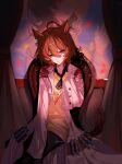  1girl absurdres agnes_tachyon_(tach-nology)_(umamusume) agnes_tachyon_(umamusume) ahoge animal_ears ascot black_ascot black_pantyhose brown_hair chair chemical_structure commentary curtains earrings english_commentary hair_between_eyes heixing hexagon_earrings highres horse_ears horse_girl jewelry lab_coat light_smile long_sleeves looking_at_viewer no_pants painting_(object) pantyhose red_eyes short_hair single_earring sitting sleeves_past_fingers sleeves_past_wrists solo sweater test_tube umamusume yellow_sweater 