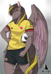  anthro ball big_biceps clothed clothing equine feathered_wings feathers hair looking_at_viewer male mammal natysanime pegasus smile soccer_ball solo standing wings 