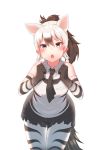  1girl aardwolf_(kemono_friends) aardwolf_ears aardwolf_print aardwolf_tail absurdres animal_ears animal_print bare_shoulders black_neckwear black_shorts breast_pocket brown_hair clenched_hands collared_shirt cowboy_shot cutoffs elbow_gloves extra_ears eyebrows_visible_through_hair gloves hair_between_eyes hands_up high_ponytail highres kemono_friends leaning_forward legwear_under_shorts long_hair looking_at_viewer multicolored_hair necktie open_mouth pantyhose pocket ponytail print_gloves print_legwear print_shirt shirt shorts silver_eyes silver_hair simple_background sleeveless sleeveless_shirt solo st.takuma tail thigh_gap two-tone_hair white_background wing_collar 