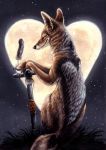  ambiguous_gender anthro canine claws feathers fur grass kenket mammal moon night solo 