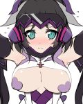  black_hair blush breasts breasts_outside covered_nipples green_eyes heart_pasties kohinata_miku kuro_mushi large_breasts looking_at_viewer no_bra pasties senki_zesshou_symphogear simple_background solo sweat symphogear_pendant white_background 