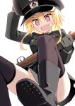  1girl absurdres adjusting_clothes adjusting_headwear black_boots black_gloves black_jacket black_skirt black_thighhighs blonde_hair bolt_action boots commentary_request convenient_censoring fang gloves gun hat highres holding holding_gun holding_weapon jacket jiseki_rena looking_at_viewer mauser_98 military_dress_uniform military_jacket military_uniform nazi no_panties original peaked_cap red_eyes reichsadler rena_(jiseki_rena) rifle short_hair_with_long_locks skin_fang skirt solo thighhighs thighs weapon white_background 
