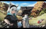  3girls :3 absurdres ahoge animal_ear_fluff animal_ears black_hair black_hoodie black_jacket black_shirt black_shoes blue_sky blush breasts commentary day demon_girl demon_horns fox_ears fox_girl fox_tail grass highres hololive hood hoodie horns jacket long_hair looking_at_another looking_at_viewer lying making-of_available medium_breasts multiple_girls nakiri_ayame nakiri_ayame_(cutie_jersey) ookami_mio ookami_mio_(hoodie) outdoors ponytail poyoyo_(nakiri_ayame) red_jacket relaxing river roughycolor shirakami_fubuki shirakami_fubuki_(loungewear) shirt shoes short_hair sky tail tree virtual_youtuber white_hair white_hoodie white_shirt wolf_ears wolf_girl wolf_tail 