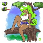  alternate_species animal_humanoid breasts brown_skin clothing crop_top female green_hair hair humanoid humanoidized jk-kino koopa_troopa koopeleon mario_bros nintendo reptile scalie shirt shorts sprite tongue tree turtle video_games 