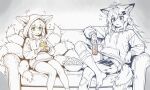  2girls alternate_costume animal_ears antenna_hair arknights bandage_on_leg barefoot blue_eyes blush bowl caffichai can casual commentary commission couch drawstring drink_carton ears_through_hood emphasis_lines english_commentary feet_out_of_frame food fox_ears fox_girl fox_tail green_eyes greyscale hair_ornament hairclip highres holding holding_can holding_drink_carton holding_juice_box hood hood_up hoodie juice_box kitsune lappland_(arknights) material_growth monochrome multiple_girls multiple_tails on_couch open_mouth oripathy_lesion_(arknights) pants popcorn shorts sitting suzuran_(arknights) tail textless_version wolf_ears wolf_girl wolf_tail 
