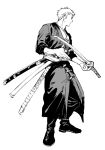  1boy abaraya boots full_body greyscale highres holding holding_sword holding_weapon japanese_clothes kimono male_focus monochrome one_piece roronoa_zoro sash short_hair sideburns solo sword weapon 