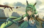  1girl absurdres antlers arknights arknights:_endfield bare_shoulders bird black_gloves black_hair blunt_bangs bracelet branch breasts cleavage closed_mouth colored_eyelashes commentary_request double_bun dragon_horns dress earrings eastern_dragon_horns elbow_gloves flower gloves green_eyes green_gloves green_hair hair_bun highres hill horns jewelry long_hair looking_at_viewer multicolored_hair olee_sichuan outdoors pearl_bracelet pointy_ears si_(arknights) small_breasts smile solo streaked_hair upper_body very_long_hair very_low_bun white_flower 