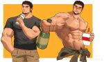  1boy abs absurdres bara bottle brown_hair chicken_(food) commentary_request covered_nipples drinking drunk facial_hair fast_food food fried_chicken goatee highres holding holding_bottle incoming_drink large_pectorals long_sideburns looking_at_viewer male_focus mature_male midriff_peek multiple_views muscular muscular_male mustache_stubble navel nipples original pants pectorals shirt shredded_muscles sideburns sideburns_stubble sparse_navel_hair stubble t-shirt tekkowang thick_eyebrows thick_thighs thighs topless_male two-tone_background v-taper 