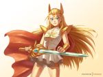  1girl 2018 big_hair bike_shorts blonde_hair blue_eyes cape forehead_jewel head_wings kikino lips long_hair masters_of_the_universe miniskirt she-ra shorts shorts_under_skirt skirt solo tiara wavy_hair 