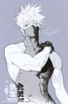 1boy bare_arms commentary_request covered_abs covered_navel cowboy_shot greyscale half-closed_eyes hand_on_own_shoulder hatake_kakashi highres male_focus mask monochrome mouth_mask naruto_(series) naruto_shippuuden ninja pectorals pigeon666 sharingan short_hair shredded_muscles sidepec solo spiked_hair toned toned_male v-taper 