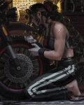  1girl bandaid bandaid_on_face bandaid_on_nose bare_shoulders black_hair black_pants black_sports_bra commentary drawer flip-flops gloves guweiz hair_tie helmet highres kneeling lips long_hair mechanical_arms motor_vehicle motorcycle motorcycle_helmet multiple_scars muscular muscular_female original pants sandals scar scar_on_arm sidelocks solo sports_bra striped_clothes striped_pants toes underwear untranslatable_commentary very_long_hair wavy_hair white_gloves wireless_earphones wrench 