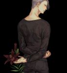  arms_behind_back black_background black_pants black_shirt blue_eyes denim fingernails flower flower_request jeans jewelry leaf long_sleeves looking_at_viewer looking_back male_focus pants profile r_inami red_flower ring serious shirt short_hair simple_background solo upper_body viktor_nikiforov white_hair yuri!!!_on_ice 