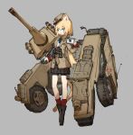  absurdres animal_ears armored_car balkenkreuz blonde_hair blue_eyes camera cannon cat_ears cross flat_cap frider grey_background hat highres holding holding_camera jacket jerry_can mecha_musume military_jacket muzzle_device original personification red_socks sdkfz_234 short_shorts shorts simple_background socks tail war_thunder wheel 
