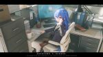  1girl absurdres adjusting_eyewear ahoge alternate_costume black_pantyhose black_shoes black_suit blue_eyes blue_hair braid chair check_translation chinese_commentary chinese_text collared_shirt commentary_request computer computer_keyboard contemporary crossed_bangs crossed_legs cubicle cup desk desk_lamp english_text engrish_text folder glasses hair_between_eyes hand_up high_heels highres indoors lamp letterboxed long_hair long_sleeves monitor mr_ito mushoku_tensei office office_chair office_lady pantyhose paper paper_stack pencil_skirt pointing ranguage roxy_migurdia shirt shoes sitting skirt skirt_suit soles solo suit swivel_chair toes translation_request twin_braids very_long_hair white_shirt 