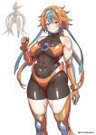  1girl black_bodysuit blue_headband bodysuit breasts commentary_request covered_abs deoxys deoxys_(attack) elbow_gloves gloves grey_eyes headband humanization large_breasts looking_at_viewer multicolored_hair official_art_inset orange_hair pokemon pokemon_(creature) pokemon_ruby/sapphire/emerald solo thighhighs torinokawori watermark white_background 