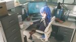  1girl absurdres adjusting_eyewear ahoge alternate_costume black_pantyhose black_shoes black_suit blue_eyes blue_hair braid chair chinese_commentary collared_shirt commentary_request computer computer_keyboard contemporary crossed_bangs crossed_legs cubicle cup desk desk_lamp folder glasses hair_between_eyes hand_up high_heels highres indoors lamp long_hair long_sleeves monitor mr_ito mushoku_tensei office office_chair office_lady pantyhose paper paper_stack pencil_skirt pointing roxy_migurdia shirt shoes single_shoe sitting skirt skirt_suit soles solo suit swivel_chair toes twin_braids very_long_hair white_shirt 