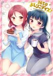  bangs barefoot blue_dress blue_hair blush brown_eyes capri_pants commentary_request cover cover_page cup doujin_cover dress eyebrows_visible_through_hair finger_to_cheek flower grey_pants hair_ornament hair_over_shoulder hair_scrunchie hazuki_(sutasuta) heart heart_print highres holding holding_cup holding_plate hood hood_down hoodie index_finger_raised long_hair long_sleeves looking_at_viewer love_live! love_live!_sunshine!! low-tied_long_hair mug multiple_girls open_mouth pants pink_scrunchie plate print_hoodie purple_eyes red_hair sakurauchi_riko scrunchie short_sleeves side_bun sitting smile tsushima_yoshiko 