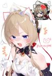  1girl anger_vein bare_shoulders black_bow black_collar black_sleeves blonde_hair blue_eyes blush bonnet bow breasts chibi chibi_inset collar collarbone commentary_request detached_collar detached_sleeves drawn_ears drawn_whiskers dress fang frilled_sleeves frills gear-shaped_pupils genshin_impact gloves hair_bow half_gloves highres hoyolab_sticker_redraw official_art_inset open_mouth red_bow red_ribbon reference_inset ribbon sandrone_(genshin_impact) setonogiwa short_hair_with_long_locks simple_background skin_fang small_breasts solo twitter_username upper_body white_background white_bonnet white_dress white_gloves 