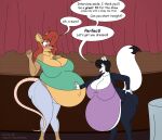2026 anthro arctic_fox belly big_belly big_breasts black_hair blue_eyes blush bottomwear breasts brown_body brown_fur buckteeth butt canid canine clothing copyright_symbol denim denim_bottomwear denim_clothing digital_media_(artwork) duo english_text female fox fur furniture hair hand_on_belly hi_res huge_belly huge_breasts hyper hyper_belly jacket jeans mammal multicolored_body multicolored_fur murid murine navel nicole_(satsumalord) open_mouth outie_navel pants rat red_eyes rodent satsumalord shirt speech_bubble stage stage_curtains symbol table table_curtain tan_body tan_fur teeth text thick_thighs topsy_(turquoisegoat) topwear true_fox two_tone_body two_tone_fur white_body white_fur