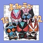  5boys animification arrow_(symbol) boost_buckle chibi commentary_request compound_eyes desire_driver full_body gotcha_driver kamen_rider kamen_rider_geats kamen_rider_geats_(magnumboost_form) kamen_rider_geats_(series) kamen_rider_gotchard kamen_rider_gotchard_(series) kamen_rider_gotchard_(steamhopper) kamen_rider_revi kamen_rider_revice_(series) kamen_rider_vice kamen_rider_zeztz kamen_rider_zeztz_(series) looking_at_viewer magnum_buckle male_focus multiple_boys pe_0002 rider_belt teeth tokusatsu translation_request twitter_username zeztz_driver 