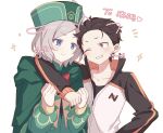  2boys arm_around_neck black_hair blue_eyes blush brown_eyes chinese_commentary cloak closed_mouth commentary_request drawn_ears emoticon gift_art green_cloak green_hat grey_hair grin hat highres hood hood_down hooded_cloak long_sleeves male_focus mu00uuu multiple_boys natsuki_subaru one_eye_closed otto_suewen parted_bangs re:zero_kara_hajimeru_isekai_seikatsu short_hair simple_background smile sparkle upper_body white_background 