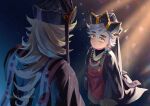  1boy bead_necklace beads black_hat blonde_hair closed_mouth commentary_request douma_(kimetsu_no_yaiba) hat highres japanese_clothes jewelry kimetsu_no_yaiba long_hair multicolored_eyes multicolored_hair necklace osaki_makura prayer_beads rainbow_eyes 