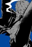  1boy absurdres blue_background cigarette commentary facial_hair goatee greyscale_with_colored_background highres leg_up male_focus mustache necktie one_piece sanji_(one_piece) shi_camellia8 short_hair smile solo suit 