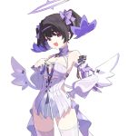  1girl alternate_costume bare_shoulders black_hair bow breasts colored_inner_hair cosplay cowboy_shot detached_sleeves dress hair_bow hair_ornament halo highres looking_at_viewer medium_breasts miyako_draw multicolored_hair nangong_yu open_mouth purple_hair red_eyes remielle_dan remielle_dan_(cosplay) simple_background smile solo thighhighs twintails white_background white_dress white_thighhighs white_wings wings zenless_zone_zero 
