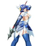  1girl aqua_eyes arm_up armor backless_outfit blue_armor blue_hair blue_thighhighs bob_cut breasts capelet circlet closed_mouth dress eyepatch feet_out_of_frame from_behind game_asset hip_armor holding holding_polearm holding_weapon ikkitousen ikkitousen_extra_burst looking_at_viewer looking_back medical_eyepatch mole mole_under_mouth non-web_source official_art over_shoulder polearm ryomou_shimei_(ikkitousen) self-datamine short_hair silver_circlet simple_background smile solo spear thighhighs transparent_background two-handed vambraces variant_set weapon weapon_over_shoulder white_capelet white_dress winged_headwear zettai_ryouiki 