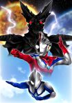  2boys alien arm_up armor baltan_seijin blue_gem blue_skin blue_sky clenched_hand cloud cloudy_sky color_timer colored_skin commentary compound_eyes cropped_torso crying cupping_hand day dorsal_fin earth_(planet) fighting_stance flying forehead_jewel gem giant giant_male glowing glowing_eyes hand_up hanejidyna86 haruno_musashi highres in_palm lightning looking_ahead male_focus monster multicolored_skin multiple_boys multiple_forms multiple_views no_pupils outdoors outstretched_arm pectorals planet red_eyes red_skin redesign shoulder_armor silver_skin sky space sun tears tokusatsu toned toned_male twitter_username two-tone_skin ultra_series ultraman_cosmos ultraman_cosmos_(corona_mode) ultraman_cosmos_(luna_mode) ultraman_cosmos_(series) white_eyes wrinkled_skin 