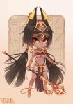  :&lt; animal_ears ankh anklet anubis armlet bracelet breasts brown_hair chibi cuffs dark_skin earrings egyptian eyebrows_visible_through_hair gold hair_ornament hieroglyphics high_heels holding holding_staff jackal_ears jewelry long_hair looking_at_viewer original pelvic_curtain shackles skindentation staff underboob vana very_long_hair yellow_eyes 