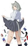  :d absurdres alcohol animal_ears ashes bakemonogatari barcode black_socks cat_ears cat_girl cat_tail cigarette cigarette_butt cigarette_pack commentary_request cowboy_shot from_behind grey_hair grey_skirt highres holding_own_skirt kneehighs kneepits lighter mevius monogatari_(series) one_cup parody pleated_skirt poster_parody qr_code sake satou_yaniko shirt simple_background skirt smile socks tail takusijun77 white_background white_shirt yani_neko yellow_eyes 