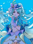  1girl blue_bow blue_bowtie blue_capelet blue_hair blue_hat blue_nails blue_skirt blue_tube_top boater_hat bow bow_earrings bowtie breasts bridal_gauntlets brooch butterfly_hat_ornament capelet closed_mouth commentary cure_eclair diamond_earrings earrings finger_to_mouth gradient_hair green_hair hat hat_ornament heart heart_brooch highres howa_kurea index_finger_raised jewelry long_hair looking_at_viewer magical_girl meitantei_precure! midriff multicolored_hair nail_polish navel precure purple_bridal_gauntlets red_eyes satomoriumi shushing skirt small_breasts smile solo split_ponytail strapless tube_top two-tone_hair untranslatable_commentary very_long_hair 