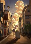  1girl :d \||/ ahoge backlighting banner blonde_hair bocchi_the_rock! bow bowtie cloud cloudy_sky collared_shirt colorful colorful_clouds commentary_request evening grey_skirt hand_up highres ijichi_nijika kamonokichi lamppost long_hair looking_at_viewer miniskirt open_mouth outdoors pleated_skirt power_lines purple_sky red_bow red_bowtie road rolling_suitcase scenery shadow shirt skirt sky smile solo standing street suitcase translation_request two_side_up urban utility_pole very_long_hair white_shirt wide_shot 
