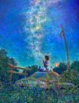  1girl abandoned acrylic_paint_(medium) animal blue_flower brown_hair car cat commentary_request fishing_rod flower hand_in_pocket highres holding holding_fishing_rod milky_way moss motor_vehicle nature night original outdoors overgrown painting_(medium) plant power_lines scenery shiraishi_takashi sky star_(sky) starry_sky striped_leggings torii traditional_media utility_pole vines wide_shot 