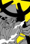  1boy absurdres bag clenched_teeth commentary facial_hair goatee goggles goggles_around_neck greyscale_with_colored_background hat headphones highres long_nose male_focus one_piece overalls ponytail satchel saturated_background shi_camellia8 simple_background smile smoke solo teeth usopp yellow_background 
