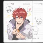  2boys :3 blue_eyes blush closed_mouth commentary dated doodle_inset drawn_ears dwzssdbdl hair_between_eyes hand_on_another's_chin hand_on_another's_wrist heart highres long_sleeves looking_at_viewer male_focus multiple_boys natsuki_subaru re:zero_kara_hajimeru_isekai_seikatsu red_hair reinhard_van_astrea simple_background solo_focus speech_bubble spoken_heart upper_body 