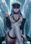  2018 akame_ga_kill! artist_name bangs black_choker blue_eyes blue_hair blurry boots breasts chain chest_tattoo choker cleavage collarbone commentary cross crossed_legs depth_of_field double-breasted english_commentary esdeath fingernails hair_between_eyes hand_on_own_thigh hat highres holding ice lips long_hair long_sleeves looking_at_viewer medium_breasts military military_uniform nose parted_lips peaked_cap pov realistic sciamano240 shirt sidelocks signature sitting sleeves_past_wrists smile solo tattoo thigh_boots thighhighs thighs uniform very_long_hair white_footwear white_hat white_shirt 