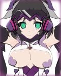  black_hair blush breasts breasts_outside covered_nipples empty_eyes green_eyes heart_pasties hypnosis kohinata_miku kuro_mushi large_breasts looking_at_viewer mind_control no_bra pasties senki_zesshou_symphogear simple_background solo sweat symphogear_pendant white_background 
