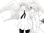  1girl angel_wings antenna_hair bangs bare_shoulders breasts cowboy_shot dark_persona dress elizabeth_liones feathered_wings feathers gauntlets greyscale harumiya high_collar holding holding_sword holding_weapon long_hair medium_breasts meliodas monochrome multiple_wings nanatsu_no_taizai necktie pantyhose spoilers standing sword weapon wings 