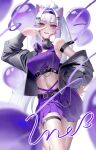  1girl absurdres animal_ear_fluff animal_ears arm_strap balloon bare_shoulders belt black_belt black_jacket breasts cat_ears commentary crop_top drawn_whiskers facial_mark hair_between_eyes hair_ornament hairband hairclip hand_on_own_hip headphones headphones_around_neck highres ine_(pen) ine_(waktaverse) isegye_idol jacket korean_commentary leg_up long_hair long_sleeves looking_at_viewer medium_breasts midriff miniskirt navel off_shoulder open_clothes open_jacket open_mouth pleated_skirt ponytail purple_eyes purple_hairband purple_nails purple_shirt purple_skirt shirt signature single_bare_shoulder skirt sleeveless sleeveless_shirt smile solo standing stomach teeth thigh_strap v very_long_hair virtual_youtuber waktaverse whisker_markings white_background white_hair 