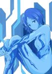  1girl 4h222 absurdres animification blue_eyes blue_hair blue_skin blue_theme breasts closed_mouth colored_skin cortana expressionless feet_out_of_frame from_side halo_(series) hands_on_own_legs head_tilt highres hologram hugging_own_legs looking_at_viewer looking_to_the_side medium_breasts parted_bangs science_fiction short_hair sitting small_breasts solo 