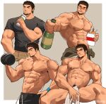  1boy abs absurdres bara biceps bottle brown_hair chicken_(food) commentary_request covered_nipples covering_privates drinking drunk dumbbell exercising facial_hair fast_food feet_out_of_frame food fried_chicken goatee highres holding holding_bottle holding_dumbbell incoming_drink large_pectorals long_sideburns looking_at_viewer male_focus mature_male midriff_peek multiple_views muscular muscular_male mustache_stubble navel nipples nude_cover original pants pectorals puff_of_air shirt shredded_muscles sideburns sideburns_stubble smile smirk sparse_navel_hair spread_legs stubble t-shirt tekkowang thick_eyebrows thick_thighs thighs topless_male two-tone_background v-taper veins veiny_arms weightlifting 
