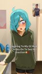  1girl absurdres ahoge anemo_nemo aqua_hair artistic_error bad_anatomy bad_hands black_shorts blush commentary cowboy_shot drooling english_commentary english_text green_hoodie hair_over_one_eye hakhpu highres hood hood_down hoodie indoors long_sleeves mahou_shoujo_ni_akogarete meme mouth_drool one_eye_covered open_mouth photo-referenced pink_eyes reference_inset sharp_teeth shorts solo standing teeth 