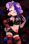  1girl absurdres armpits artist_name asymmetrical_sleeves bike_shorts black_background blue_hair breasts cephalopod_eyes commentary_request crop_top detached_sleeves earrings fang fish_hook_earrings fishnet_sleeves fishnets folding_fan hair_ornament hair_stick hand_fan hand_on_own_hip hand_up highres holding holding_fan jewelry looking_at_viewer navel norishiitsu octoling open_mouth red_eyes shirt shiver_(splatoon) single_earring skindentation sleeveless sleeveless_shirt small_breasts solo splatoon_(series) stomach stomach_tattoo striped_clothes striped_sleeves striped_thighhighs suction_cups tattoo teeth tentacle_hair thighhighs thighs torn_bike_shorts torn_clothes turtleneck turtleneck_shirt upper_teeth_only 