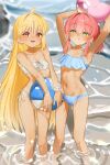  2girls absurdres ahoge alternate_hairstyle armpits ball bare_shoulders beach beachball bikini blonde_hair blush bocchi_the_rock! breasts cameltoe collarbone commentary_request eltir frilled_bikini frills front-tie_top green_eyes groin groin_tendon hair_down high-waist_bikini highres holding holding_ball holding_beachball ijichi_nijika inflatable_toy kita_ikuyo korean_commentary long_hair looking_at_viewer multiple_girls navel ocean open_mouth pink_hair ponytail red_eyes ribs side-tie_bikini_bottom sidelocks small_breasts standing stomach strapless swimsuit tan thigh_gap tube_top very_long_hair white_bikini 