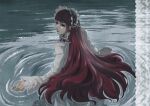  1girl artist_name commentary dress eiriseth english_commentary hair_flowing_over hair_ornament hair_ribbon hairband highres lolita_fashion lolita_hairband long_hair object_through_head persona persona_3 red_hair ribbon solo swimming sword_in_head water watermark white_dress yoshino_chidori 