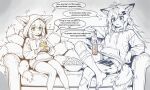 2girls alternate_costume animal_ears antenna_hair arknights bandage_on_leg barefoot blue_eyes blush bowl caffichai can casual commentary commission couch drawstring drink_carton ears_through_hood emphasis_lines english_commentary feet_out_of_frame food fox_ears fox_girl fox_tail green_eyes greyscale hair_ornament hairclip highres holding holding_can holding_drink_carton holding_juice_box hood hood_up hoodie italian_text juice_box kitsune lappland_(arknights) material_growth monochrome multiple_girls multiple_tails on_couch open_mouth oripathy_lesion_(arknights) pants popcorn shorts sitting speech_bubble suzuran_(arknights) tail translation_request wolf_ears wolf_girl wolf_tail 