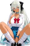  1girl absurdres bamboo_tac black_bow black_shoes blue_choker blue_eyes blue_hair blue_nails blue_scrunchie bow bowtie braid breasts button_gap choker closed_mouth collarbone dark-skinned_female dark_skin fate/grand_order fate_(series) fingernails gradient_hair grey_hair gyaru hair_bow highres large_breasts loafers long_hair looking_at_viewer loose_socks morgan_le_fay_(fate) multicolored_hair nail_polish red_bow red_bowtie school_uniform scrunchie shirt shoes simple_background sitting smile socks solo tan thighs white_background white_shirt white_socks wrist_scrunchie 