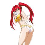 1girl animal-themed_food ass bare_arms bare_shoulders blush blush_stickers breasts brown_eyes chinese_clothes chinese_knot closed_mouth curtained_hair dimples_of_venus dress embarrassed feet_out_of_frame food from_behind game_asset holding holding_food ikkitousen ikkitousen_extra_burst kanpei_(ikkitousen) large_breasts light_smile long_hair looking_at_viewer looking_back non-web_source official_art outstretched_arm panda panties qipao reaching reaching_towards_viewer red_hair ring_hair_ornament self-datamine side_slit simple_background solo steamed_bun torn_clothes torn_dress transparent_background twintails twisted_torso underboob underwear variant_set white_panties yellow_dress 